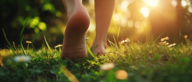 Barefoot walk in nature connecting with the earth and experiencing the grounding effect of earthing