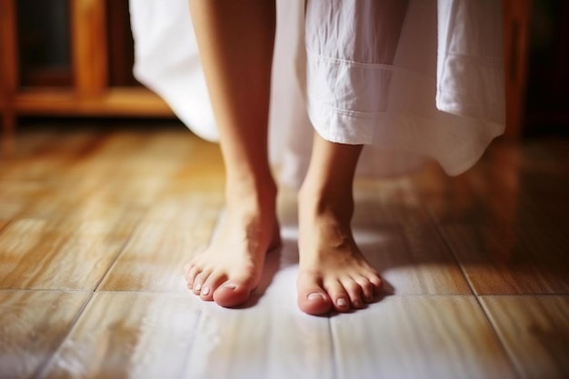 barefoot woman at home closeup floor heating system
