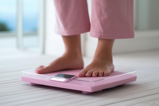Босая женщина в пижаме, стоящая утром на цифровых весах для веса и жира на полу в ванной комнате Генеративная иллюстрация искусственного интеллекта