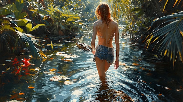 Photo barefoot young woman walking in swamp