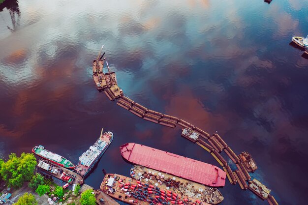 Barge on the lake Aerial drone view