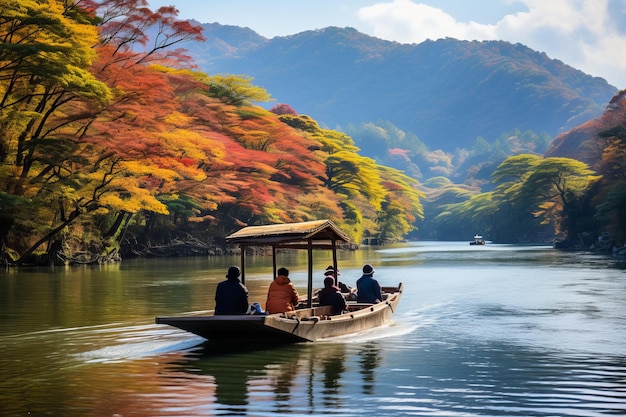 Bargee People in Traditional Dress Sailing on Hozugawa River Arashiyama Japan