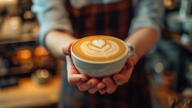 Photo a bari serving a cup of coffee in a coffee shop