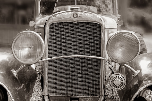 Bariloche, Argentina, March 16, 2021: Black &amp; white close up of a rusty old truck