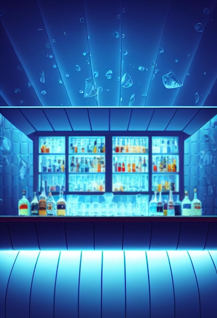 Barinterieur met neonkleurenbalkinterieur met flessen Focus op de bovenkant van de bar