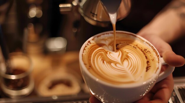 Photo barista art milk being poured into a cup of coffee creating a latte with a beautiful design on the surface