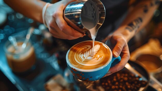 Photo barista art of pouring milk into coffee cup to create a beautiful latte design