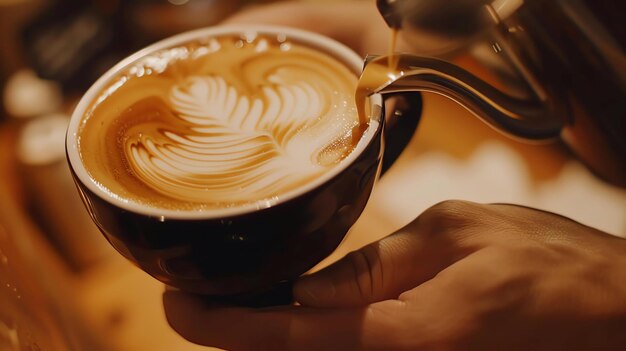 Photo barista art of pouring milk into coffee cup to create a beautiful latte design