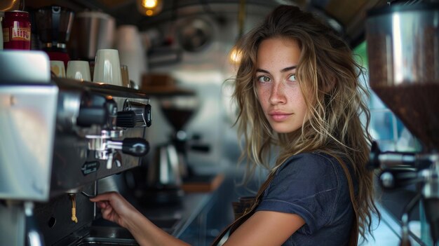 Photo barista brewing artisan coffee at her mobile cafe truck generative ai
