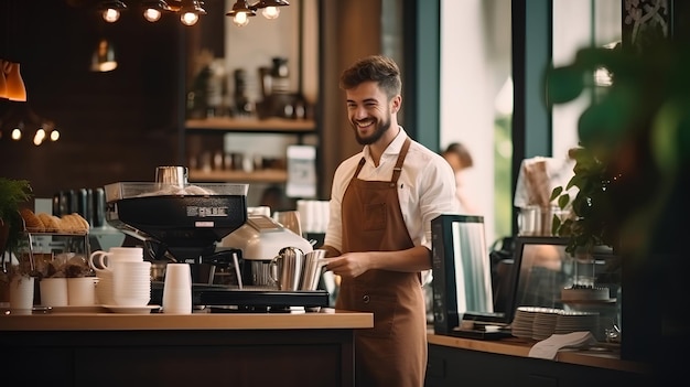 コーヒー ショップ の カウンター の 後ろ に いる バースタ が コーヒーの 作り方 を し て い ます