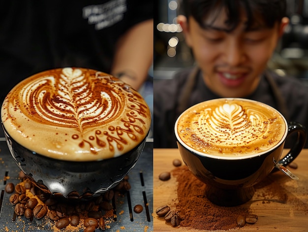 Photo barista crafting a latte art