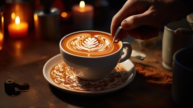 A barista creates latte art with a cup of coffee generative ai