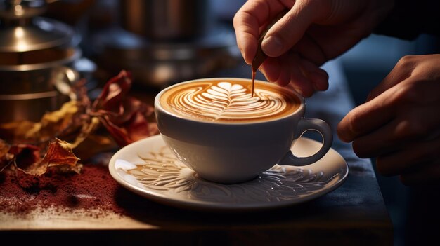 A barista creates latte art with a cup of coffee generative ai