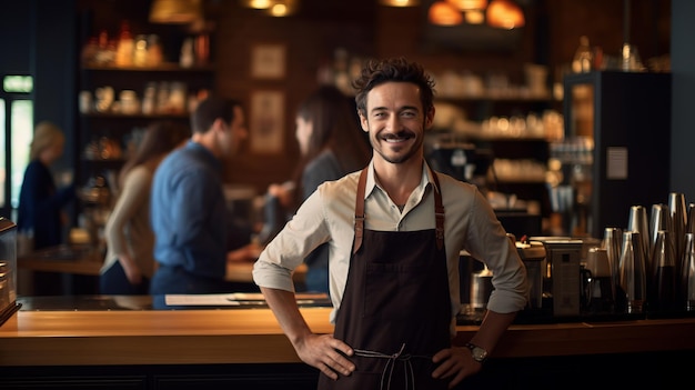 Barista die achter de bar staat en op klanten wacht. Mooie illustratie. Generatieve AI.