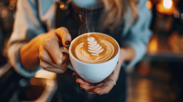 A barista expertly crafting a latte with added adaptogens and superfoods promising to give customers