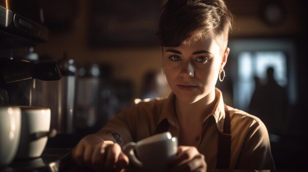 写真 バリスタ女性白人若い成人コーヒー ショップのカウンターの後ろでコーヒーを作る生成 ai aig22