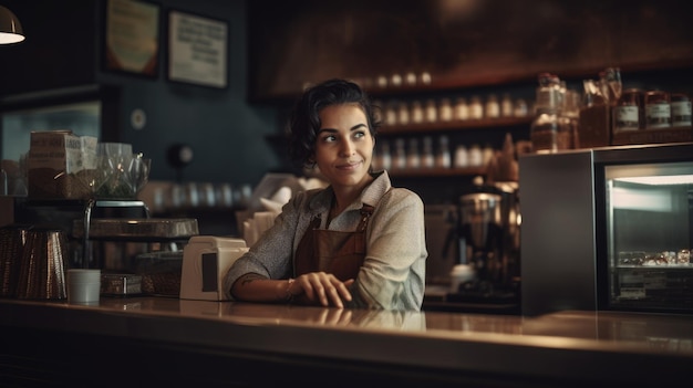 Barista Female Hispanic MiddleAged Taking orders and payments at the counter in coffee shop Generative AI AIG22