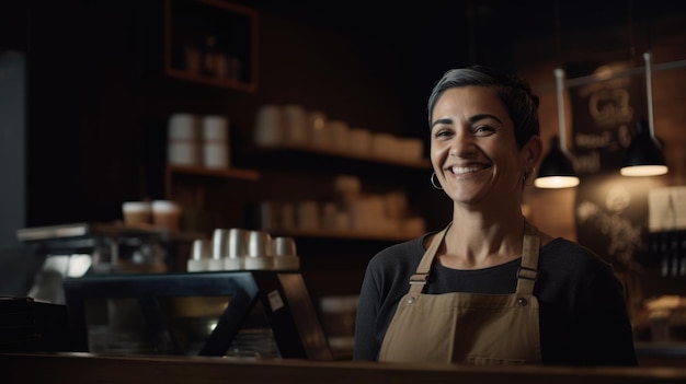 Barista Female Hispanic MiddleAged Taking orders and payments at the counter in coffee shop Generative AI AIG22