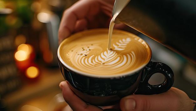 Barista giet melk in een kop latte koffie.