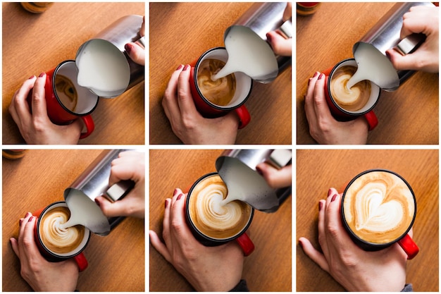 Barista giet melk in koffiekopje om latte art te maken, zes processtappen, bovenaanzicht