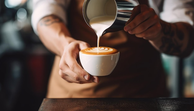 Barista giet melk om latte-kunst te creëren voor de marketing van koffiehuizen