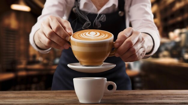 Barista handling hot cafe latte