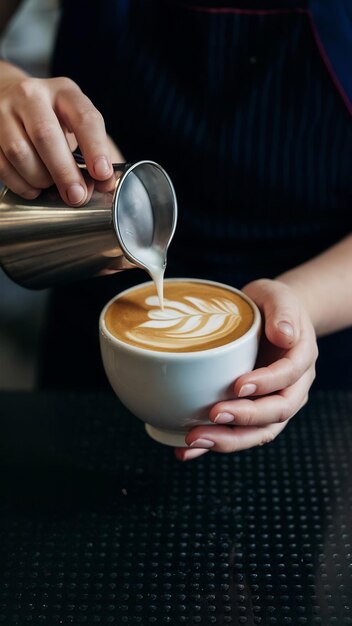 Barista handling hot cafe latte