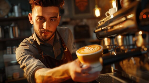 Photo a barista holding coffee cup inside cafe and making coffee for customer aig