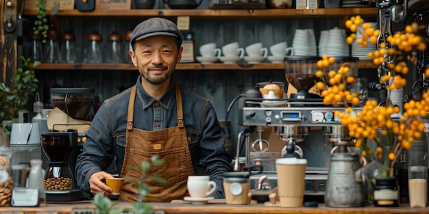 Foto barista in uniform die koffie maakt bij een bar met een koffiemachine in een keukensituatie concept koffiewinkel barista leven professionele werkruimte keuken scene espresso cultuur