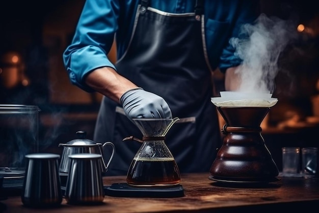 Foto il barista sta preparando caffè filtrato a goccia o versando caffè con acqua calda e carta filtrante