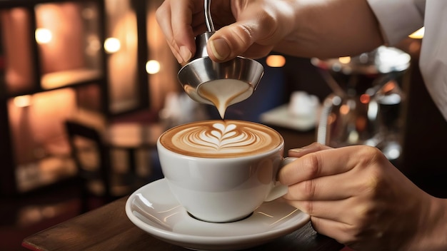 Foto il barista sta preparando un cappuccino con schiuma di latte