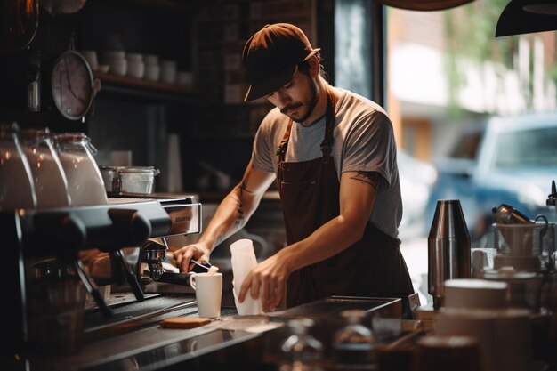 Barista maakt een kop koffie.