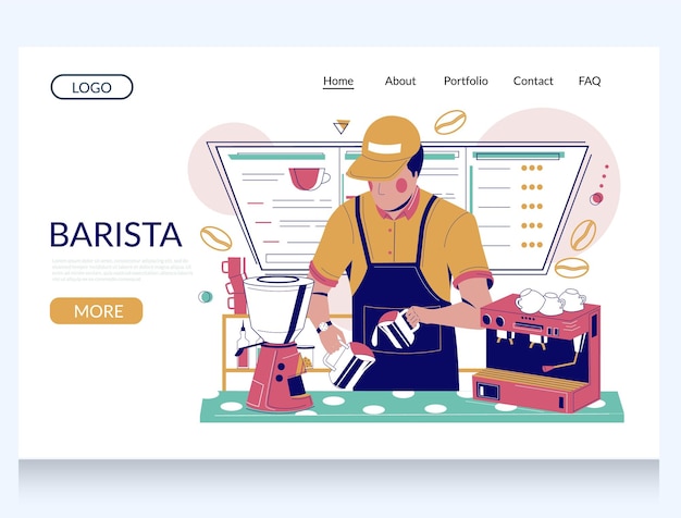 Barista maakt koffie vector website sjabloon webpagina en landing page design voor website en mobiele site ontwikkeling barman bereidt koffie drank staan ar bar toonbank