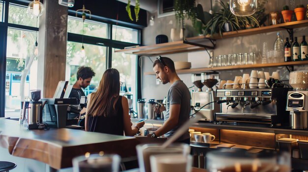 Foto barista maakt koffie voor een klant in een koffieshop de barista gebruikt een koffiemachine om de koffie te maken