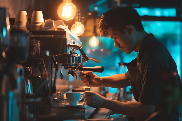 Barista maakt koffie voor klanten in een café of restaurant