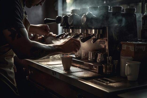 Foto barista maakt koffiekopje espresso in gezellige coffeeshop generatieve ai
