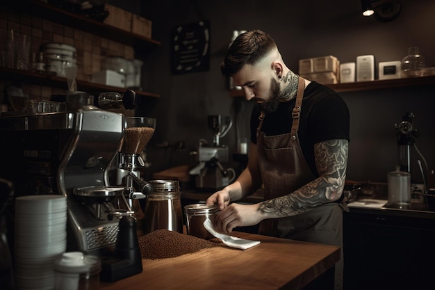 Barista maalt koffiebonen met behulp van een braammolen met verschillende generatieve ai koffieapparatuur