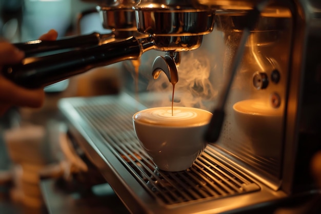 Barista makes coffee for customers at cafe or restaurant