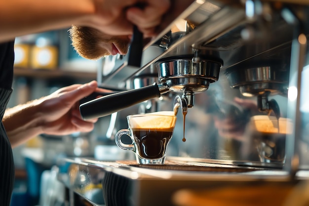 Barista makes coffee for customers at cafe or restaurant