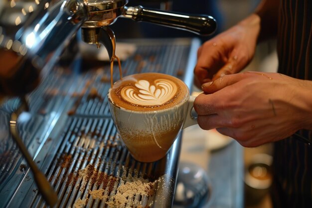 Barista making cappuccino in his coffeeshop or cafe close up