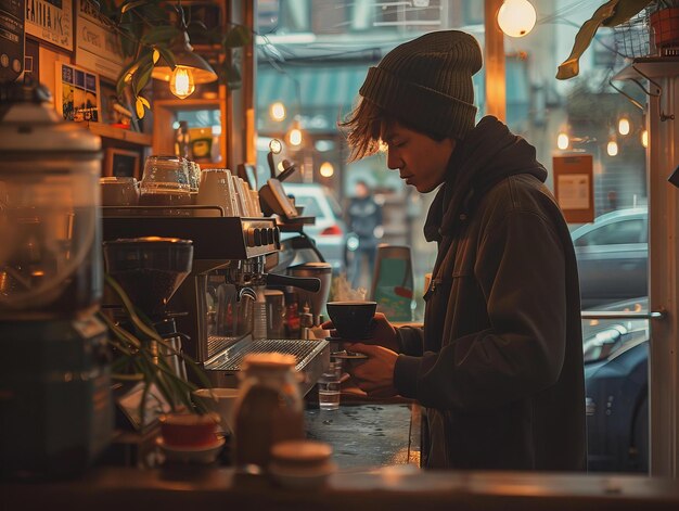 A barista making coffee in a cafe