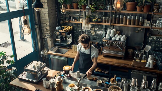 Barista making coffee in a coffee shop Small business owner working at his cafe