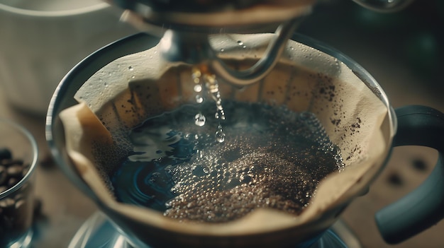 Foto barista che fa un caffè a goccia versando acqua calda dal bollitore su una polvere di caffè macinata ai generativa