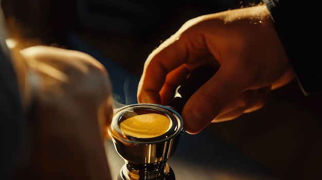 Photo barista making fresh takeaway coffee closeup view on hands with portafilter barista generative ai