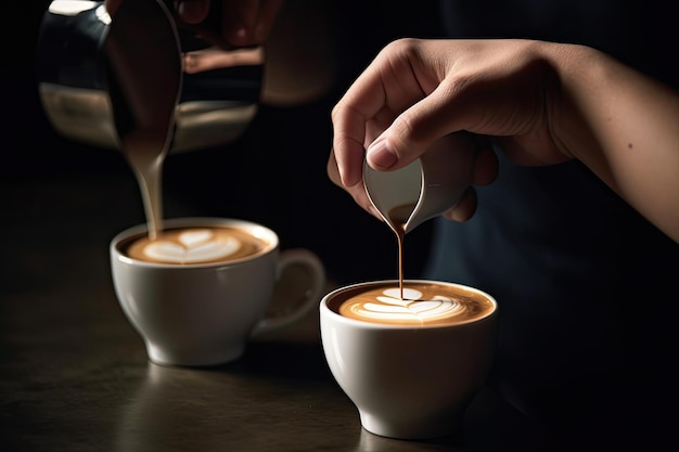 Barista making latte art coffee in coffee shop A coffee cup in a close up held by a baristas hand and pouring coffee AI Generated