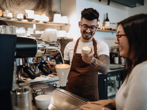 Barista making latte in coffee shop while teaching young barista Generative ai art