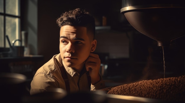 Photo barista male hispanic young adult roasting coffee beans in the back room in coffee shop generative ai aig22