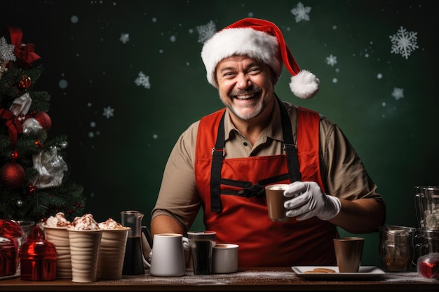 Foto barista in abito di capodanno che prepara bevande al caffè festive isolate su uno sfondo gradiente