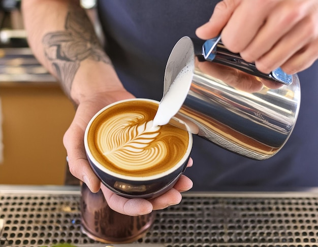 Photo a barista perfecting latte art pouring creamy froth into a cup of coffee