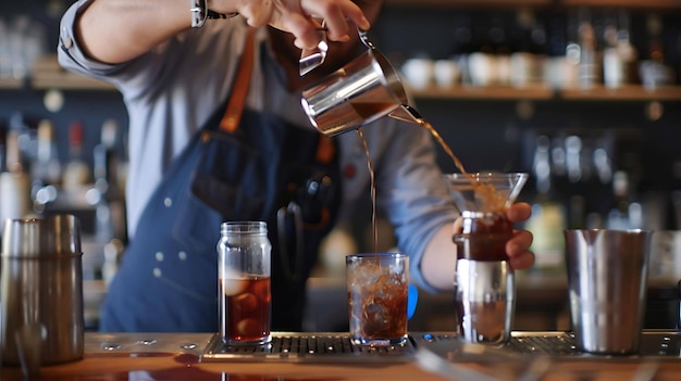 Photo barista pouring coffee from a metal pitcher into a glass funnel with another glass on the side